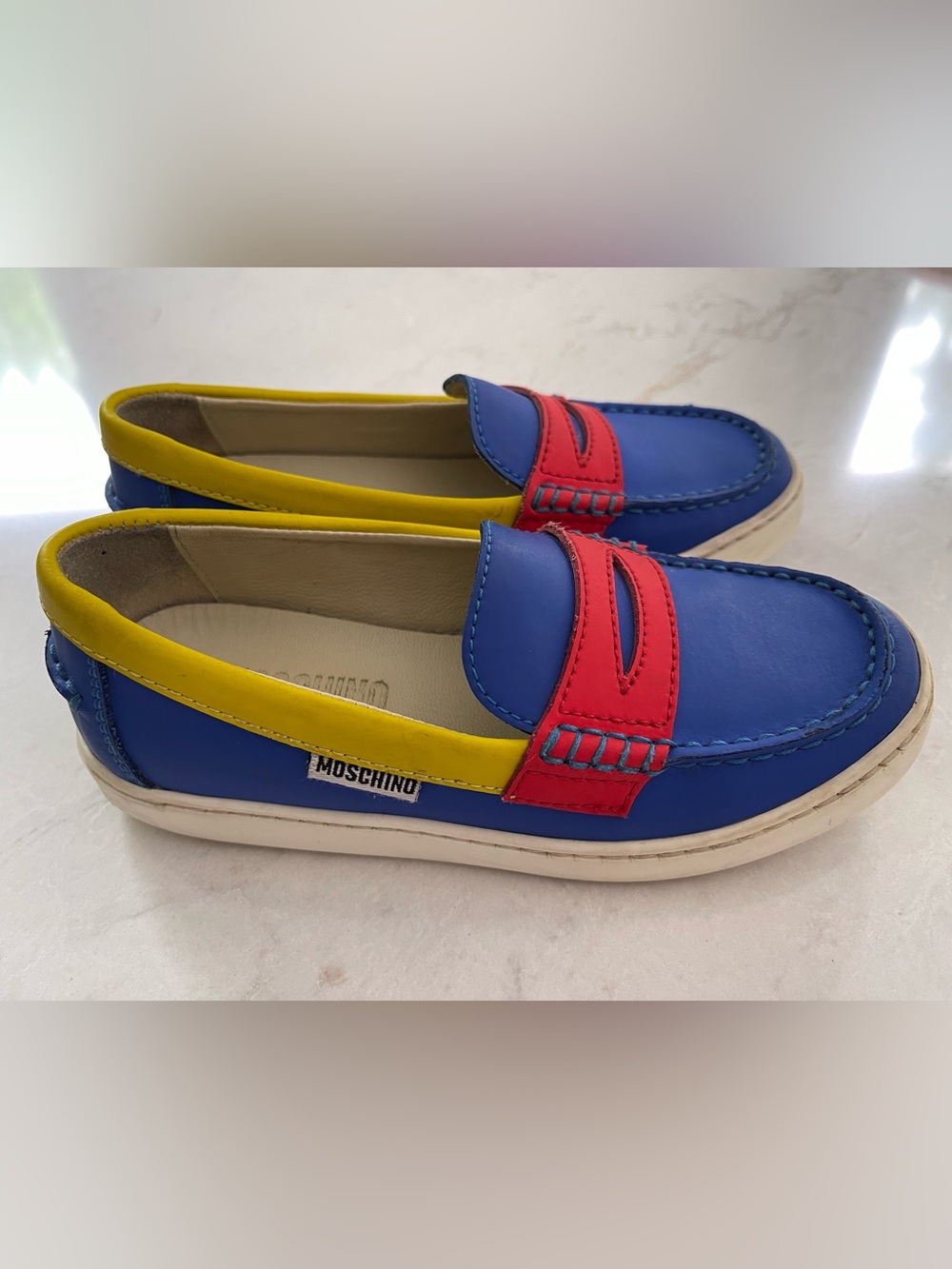 MOSCHINO KIDS Blue, Red & Yellow Leather Penny Loafers - EUC - EU29/US11.5 KIDS - Picture 2 of 12